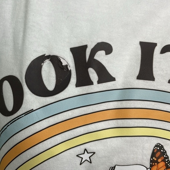 "TAKE A LOOK IT'S IN A BOOK" reading rainbow butterfly tee shirt size large FLAW - Picture 4 of 7